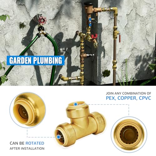 Image of SUNGATOR 1-Inch Tee, Push Plumbing Pipe Connector, Brass, 2-Pack | T Fittings, Push-to-Connect, for Pex Pipe, Copper, CPVC, PE-RT, with 1 Disconnect Clip