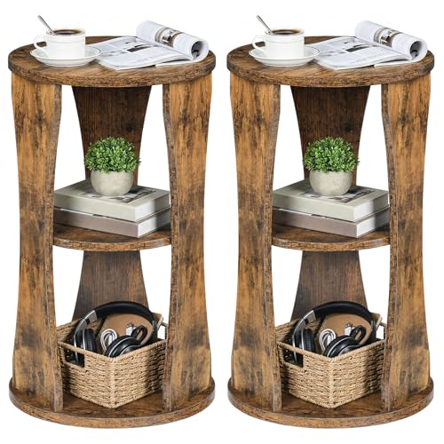 YATINEY Round Side Tables Set of 2, 3-Tier Wooden End Table with Storage Shelves, Accent Table for Small Spaces, Nightstand for Living Room, Bedroom, Rustic Brown ET15L2BR