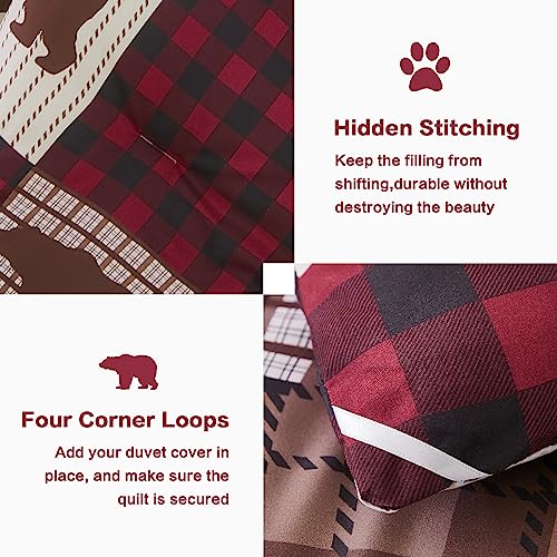 Andency Plaid Patchwork Bear Comforter Set Full (79X90Inch), 3 Pieces(1 Red Black Comforter And 2 Pillowcases) Bear Paw Comforter, Soft Lightweight Microfiber Rustic Lodge Bedding Comforter Set #TOP7