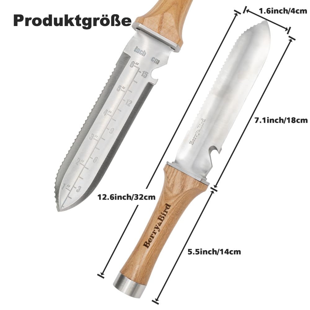 Berry&Bird Hori Hori - Cuchillo de jardín multiusos con hoja de acero inoxidable afilada de 17 cm de largo, doble filo y punta de acero inoxidable, con funda de lona, para jardinería, deshierbe, zanja