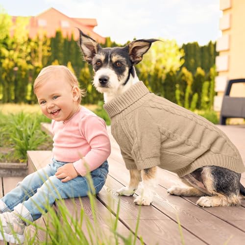 Image of BEAUTYZOO Dog Sweaters for Small Dogs, Knit Clothes with Harness Hole | Turtleneck Pullover Fall Winter Knitwear, Fuzzy Fleece Cold Weather Coat for Girl Boy Puppy, Warm Pet Sweatshirt, Beige S