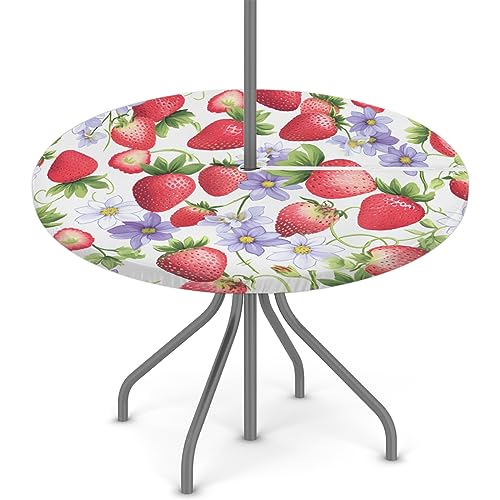 FZDXZJJ Red Strawberry Round Outdoor Tablecloth with Umbrella Hole and Zipper,Flower Floral Fitted Tablecloth Elastic Edge Patio Table Cover for Spring Summer Picnic Party 45