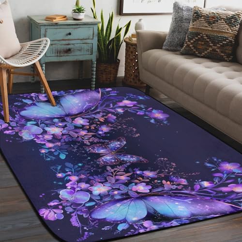 Tapis imprimé papillons et fleurs salon lavable antidérapant