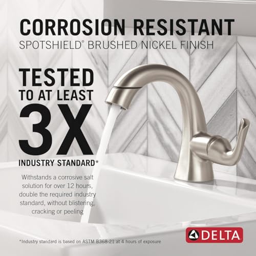 Delta Arvo 1 Hole Pull Down Bathroom Faucet with Sprayer, Brushed Nickel Single Hole Bathroom Sink Faucet with Pull Out Sprayer for Vanity, Push-Pop Drain, SpotShield Stainless 15840LF-SPPD thumbnail 4