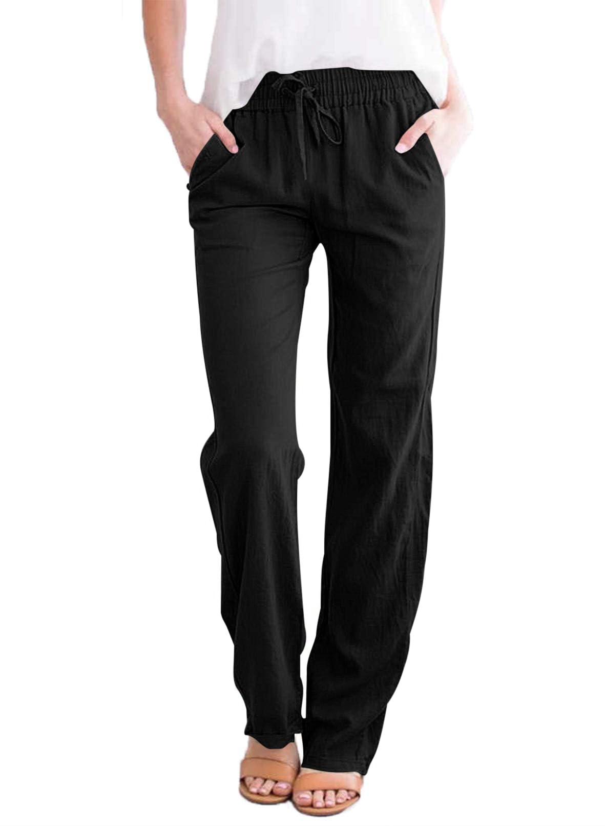 Tincini Leinenhose Damen Hose Sommer Musselin Leinen Hosen Stoffhose Einfarbig Freizeithose Gerade Geschnitten Strandhose Sommerhose mit Taschen