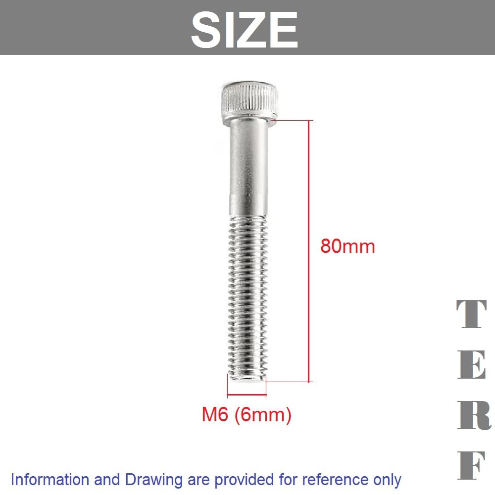 TERF® M6 X 80mm Hex Socket Cap Head Machine Screws Stainless Steel A2 (304) Machine Screw M6 (6mm) X 80mm Allen Key Hexagonal Socket Cap Bolts - Image 3