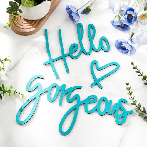 Image of Blulu Hello Gorgeous Wall Decor Sign Hello Gorgeous Wall Art Minimalist Wooden Words Decor for Lash Room, Salon, Vanity or Makeup Room, Bathroom, Bedroom, Office(Blue)