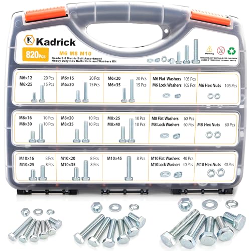 Image of Kadrick 820Pcs Metric Bolt Assortment,Grade 8.8 M6 M8 M10 Hex Heavy Duty Bolts and Nuts Kit,M6-1.0 M8-1.25 M10-1.5 (12mm to 45mm),Eco-Friendly Zinc Plated
