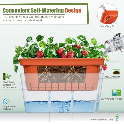 Image of OurWarm Windowsill Herb Planter Box Set of 6, 10.5 Inch Self Watering Pots for Indoor Plants, Flower Box with Water Level Window, Colorful Plastic Flower Pots & Planters for Herbs, Vegetables, Flowers