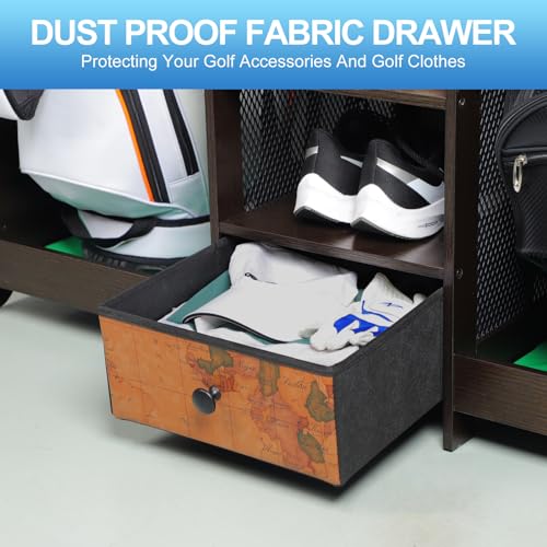 Golf-Bag-Storage-Organizer-Holds-2-Golf-Bags-for-Garage-Wooden-Rack-Easy-Assembly-with-Drawer-12-Club-Holder-Shoe-Shelf-and-50-Balls-Basket-for-Garage-Simulator-Room-Home-or-Office