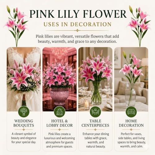 Image of CURATED CART 2 Pcs Lily Artificial Flowers Bunch for Home Decoration - Big Lilys Bouquet for Home Decor - Real Touch Faux Latex Long Stem - Includes 6 Lily Flowers and 10 Half Bloom Buds-Pink Colour