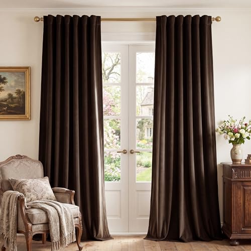 Image of Brown Velvet Curtains Blackout for Living Room, W52 x L96, 2 Panels | 300GSM Thick Soft Velvet, Blackout, Thermal Insulated, Window Drapes, Sound Dampening with Back Tab for Study Room, Office