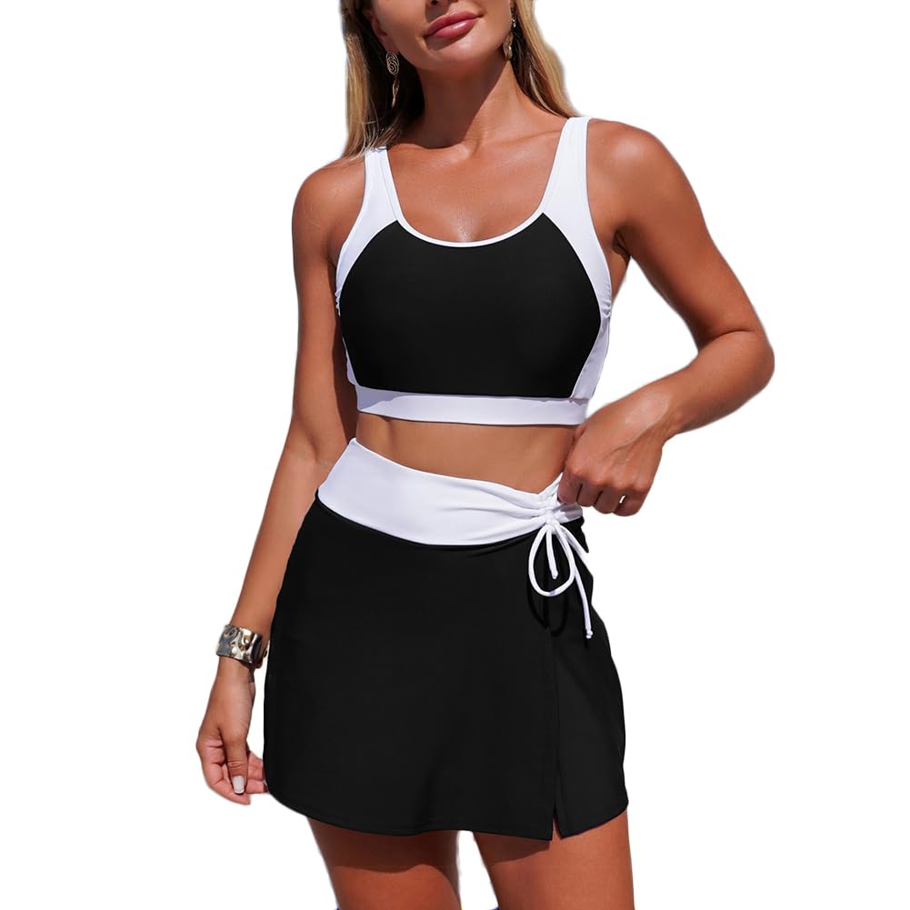 JPXJGT Swimsuit Split Swimsuit Women's Color Blocked Skirt Style Pocket (Size:S,Color:Black)