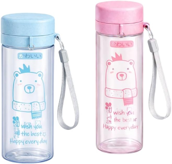 - Bear Shaped Water Bottle with Straw and Adjustable Carrying Strap Leakproof Plastic Sipper for School Travel Outdoor Activities Cute Aesthetic Drinking Jug for Boys Girls PACK OF 2-PINK&BLUE