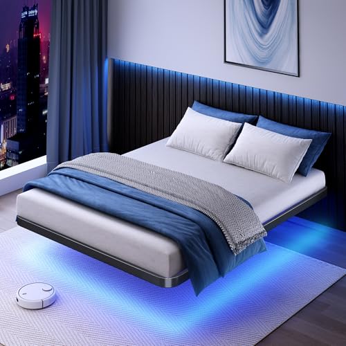 Meitewei King Floating Bed Frame with LED Lights, 10.6" High Metal Platform Bed Frame with 15 Heavy Duty Steel Slats Support, Capacity 1500lbs, Easy to Assemble, Black