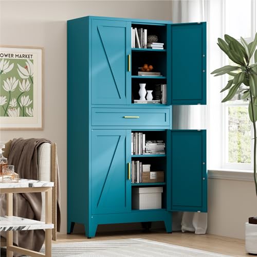 Image of LCAOPC 71 inch Tall Pantry Storage Cabinet with Drawer and Adjustable Shelves, Freestanding Tall Kitchen Cupboard Storage Cabinet for Kitchen,Dining Room, Living Room, Blue