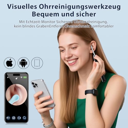 Ohrenschmalz Entferner Otoskop, Robofun Ohrenreiniger Mit Kamera, 1000W HD WiFi 360°-Weitwinkel Ohrreiniger mit 6 LEDs für iPhone, iPad und Android-Smartphones, für Baby Kinder Erwachsene (Schwarz)
