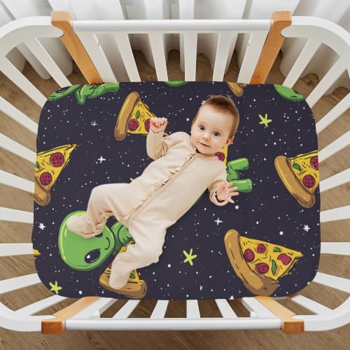 Image of Cute Green Alien Pizza Crib Sheets Soft Breathable Fitted Baby Crib Sheets Mattress Cover for Girls Boys, 52 inch x 28 inch x 9 inch