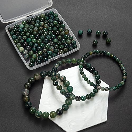 Image of 100Pcs Natural Stone Beads 8mm Moss Agate Round Gemstone Loose Beads with Elastic Bracelet String for Bracelets Necklace Jewelry Making