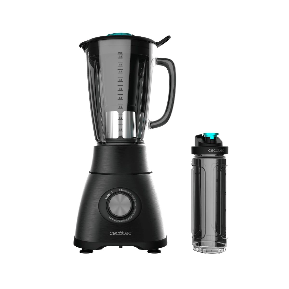 Cecotec Batidora de Vaso Power Black Titanium 2500MAX Go. 2500W Máxima Potencia, 6 Hojas con Recubrimiento de Titanio Negro, Jarra Termorresistente de 1,8L, 5 Velocidades, Incluye Botella Portátil