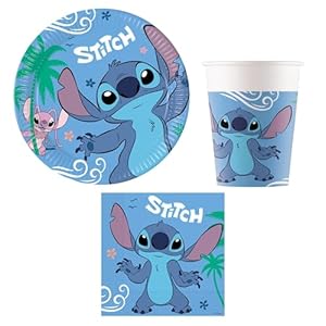 Procos – Set de fiesta Stitch and Angel, vajilla de fiesta de 52 piezas para fiestas de cumpleaños infantiles o fiestas temáticas, decoración de mesa