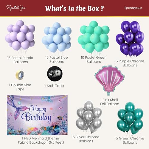 Image of SpecialYou.in Mermaid Theme Birthday Decorations Kit for Girls with Pastel Purple, Blue, Green, Silver Balloons, Mermaid Fabric Backdrop, Birthday Decoration Items for Baby Girl- 59 Pcs