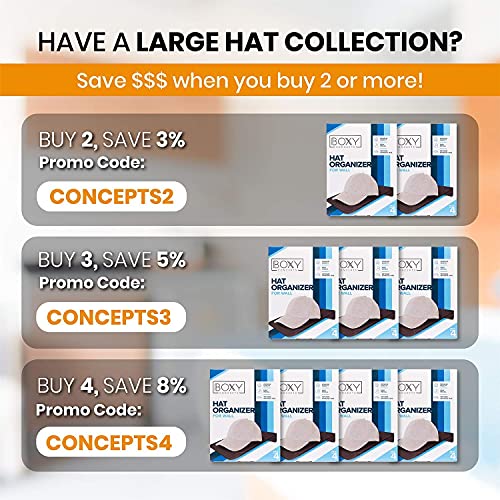 Boxy Concepts Hat Rack For Wall - Pack Of 4 Premium Hat Organizer For Baseball Caps - Hat Storage, Hat Holder, & Hanger Your Ball Caps - Plastic Wall Mountable Display Shelf With 3M Foam Adhesive Tape #TOP5