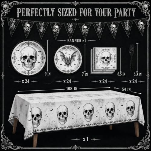 Actilize 98Pcs Halloween Party Decorations-Black Skull Tableware Kit for 24 - image 3