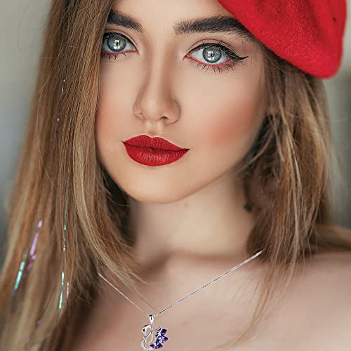 Wskfly Swan Pendant Necklace For Women, 14K White Gold Plated Colorful Marquise Cubic Zirconia Delicate Necklace For Mother, Ladies, Girls 18+2 Inch（Dark Purple） #TOP2