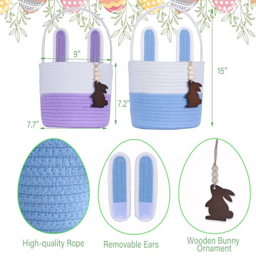 Image of Easter Basket Empty 2 PCS Bunny Woven Rope Easter Baskets for Kids Teens Easter Hunt Baskets with Handle Bags Easter Gifts for Kids Toddlers Girls Boys Teens Set of 2 Blue and Purple