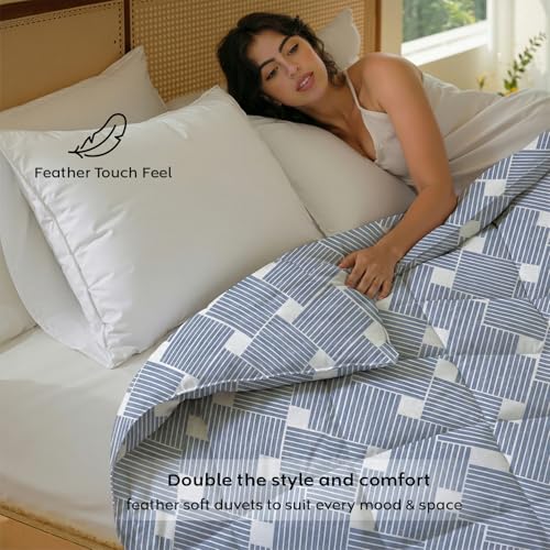 Image of AYKA Reversible AC Comforter 150 GSM Microfiber Summer Blanket Double Bed (90x100 Inches) | Checked Design Cooling Quilt for AC Room | Soft Breathable Duvet Medblue & White