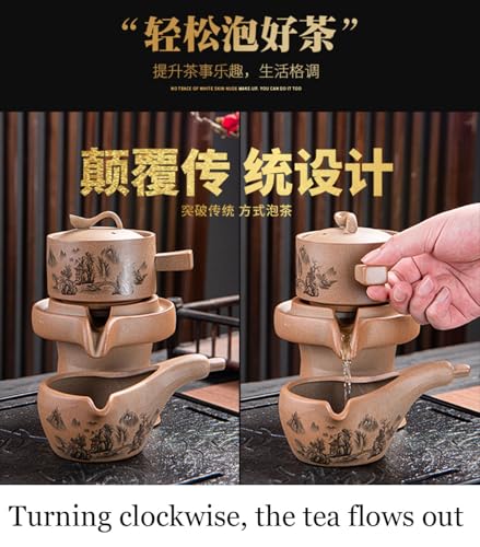 Image of Chinese Gongfu Tea Gift Set, Semi-Automatic Stone-Mill Design Ceramics Tea Set Rotate TeaPot 6 Cups for Adults Men Women Tea Ceremony Party Home Office Decor (landscape)