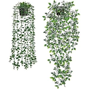 Der Rose 2 Pack Fake Hanging Plants Artificial Potted Plants Indoor and Outdoor for Office Living Room Bathroom Wall Shelf Decor