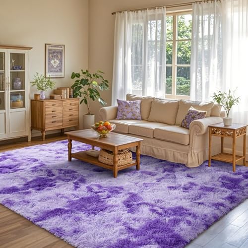 6x9 Purple White Rug Fluffy Living Room Rugs Girls,Plush Soft Fuzzy Area Carpet Non Slip for Bedroom Nursery Kids Girlie Elegant Home Decor Aesthetic
