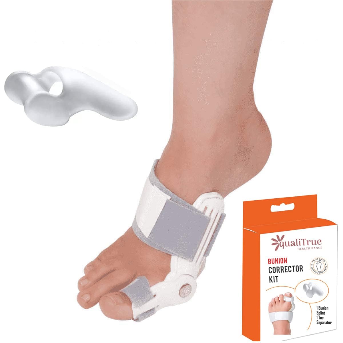 QualiTrue Silicone Bunion Corrector For Women Men, Orthopedic Toe Separator Bunion Splint With Fracture Support And Pain Relief, Adjustable Design For Right/Left Foot Alignment (1 Splint, 1 Separator)