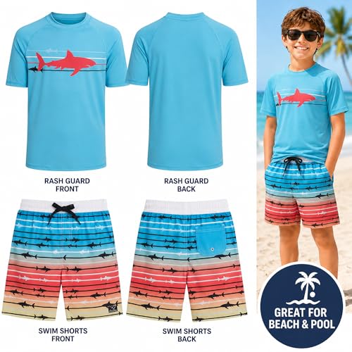 Image of Big Chill Boys Swim Set - 2 Piece Quick Dry UPF 50 Short Sleeve Rash Guard for Boys and Swim Trunks - Swimwear Set for Kids