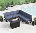 LayinSun Large Aluminum Patio Furniture Set with Fire Pit Table, 6 Pieces Modern Outdoor Conversation Set Sectional Metal Sofa Set with Olefin Cushion