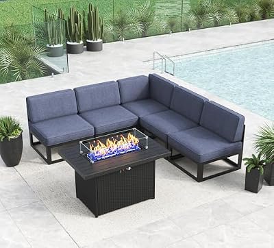 LayinSun Large Aluminum Patio Furniture Set with Fire Pit Table, 6 Pieces Modern Outdoor Conversation Set Sectional Metal Sofa Set with Olefin Cushion