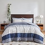 UOZZI BEDDING Cotton Striped Comforter Sheet Set King Size 7 Pieces Bed in a Bag with Navy White Blue-Gray Stripes Soft Bed Set (1 Comforter 2 Pillow Shams 1 Flat Sheet 1 Fitted Sheet 2 Pillowcases)
