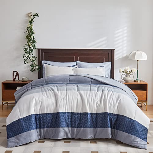 UOZZI BEDDING Cotton Striped Comforter Sheet Set King Size 7 Pieces Bed in a Bag with Navy White Blue-Gray Stripes Soft Bed Set (1 Comforter 2 Pillow Shams 1 Flat Sheet 1 Fitted Sheet 2 Pillowcases)