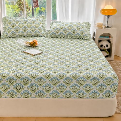 Image of VOMZER Queen Size (60x78) 300 TC Soft Cotton Feel Microfiber All Around Elastic Fitted Double Bedsheet with 2 Frill Pillow Covers | Aqua Mint