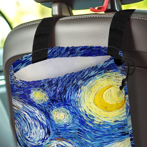 Image of Car Trash Bag Hanging Back of Seat Waterproof Small Cute Printed One-Handed Strap Drawstring Garbage Bags for Car-Starry Night