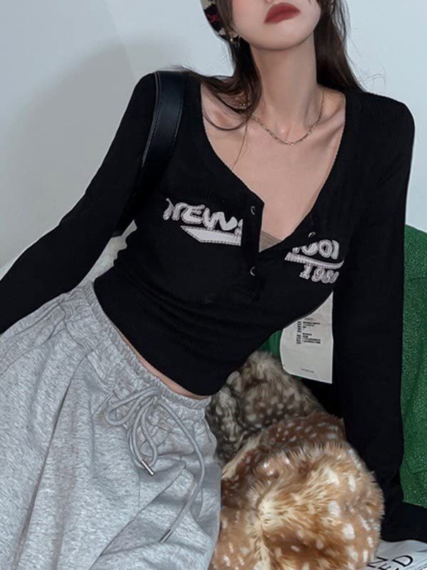 Image of Womens Lace Long Sleeve Top Paneled Henley Shirts Y2k 2000s Fitted Going Out Tops Blouse