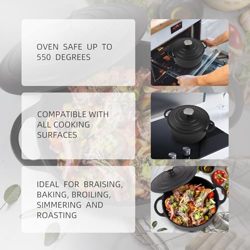 Image of 3 Quart Dutch Oven Enameled Cast Iron with Lid - Big Dual Handles - Oven Safe up to 500F - Classic Round Pot for Versatile Cooking Matte Black(No Enameled)