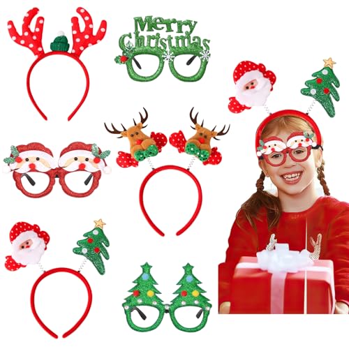 Gibocot 6 diademas y gafas de Navidad para niños y adultos, fiestas de Navidad, bandas de pelo de reno, lentes de Papá Noel, accesorios novedosos para cabina de fotos para Navidad, fiesta de Navidad