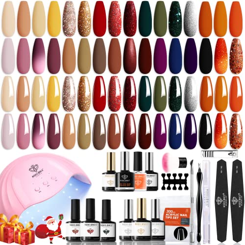Modelones 49 Pcs Fall Gel Polish Nail Kit with U V Light 48W Nail Dryer- 32 Colors Gel Polish Set with Glossy&Matte Top Base Coat/Bond Primer/Blooming Gel/4 in 1 Nail Glue/Tips/Manicure Tools Salon