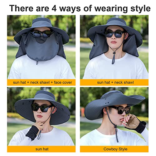 Image of Women Wide Brim Face Mask Sun Hat Detachable Neck Face Flap Ponytail UV Protection Visor Hat Garden Fishing Hiking