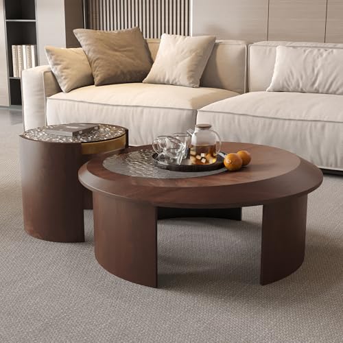 LovingAHome 35.43” Round Nesting Coffee Table Set 2, Mid Century Modern CoffeeTable Round Coffee Table, Walnut & Temper Glass Surface, Round Center Coffee Table for Living Room/Farmhouse/Office/Studio