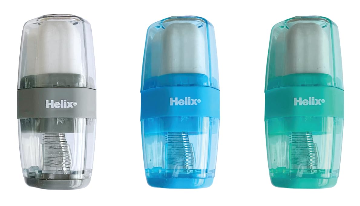 Helix Duo Pencil Sharpener and Eraser - One Hole Sharpener - Protective Cover for Eraser - Canister to Collect Pencil Shavings - Soft Touch Material - Assorted Colours