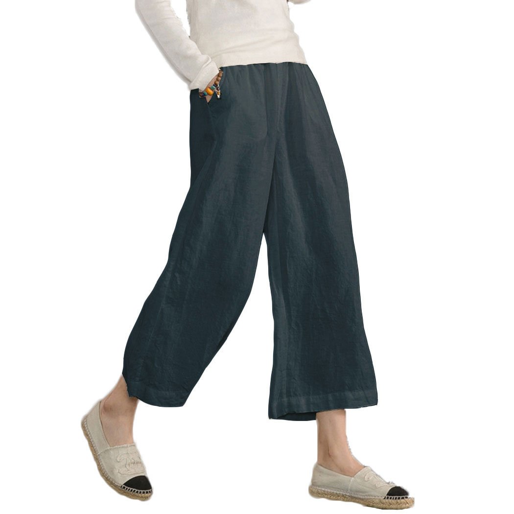 Womens Linen Cropped Pants Loose Casual Capri Cotton Wide Leg Plus Size Elastic Waist with Drawstring Trouses Dark